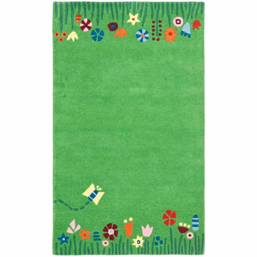 Green Safavieh Kids Collection SFK751A Handmade Grass and Flowers Wool Area Rug Multi 6' x 9' 