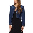 thumbnail image 4 of INSPIRE CHIC Women's Denim Jackets Collarless Long Sleeves Button Down Crop Jean Jackets L Dark Blue, 4 of 7