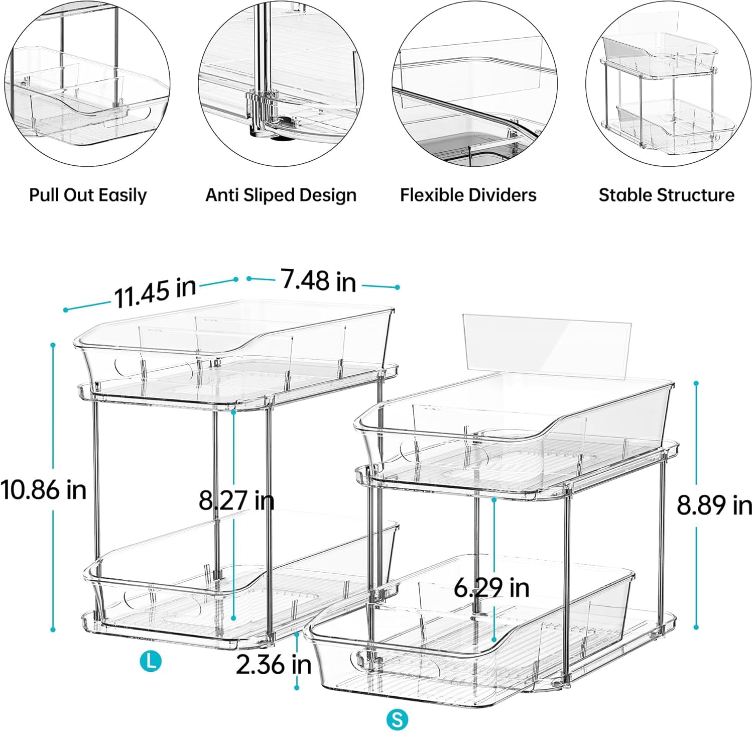 2-Tier Under Sink Organizers and Storage, Multi-Purpose Stackable Bathroom Cabinet organizers, Pull Out Kitchen Pantry Organization and Storage with Dividers(2 Pack, Clear)