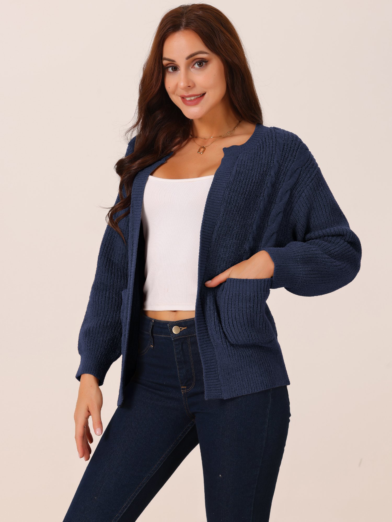 DARING DIVA Women's Open Front Knitted Casual Cardigan with Pockets S Navy Blue