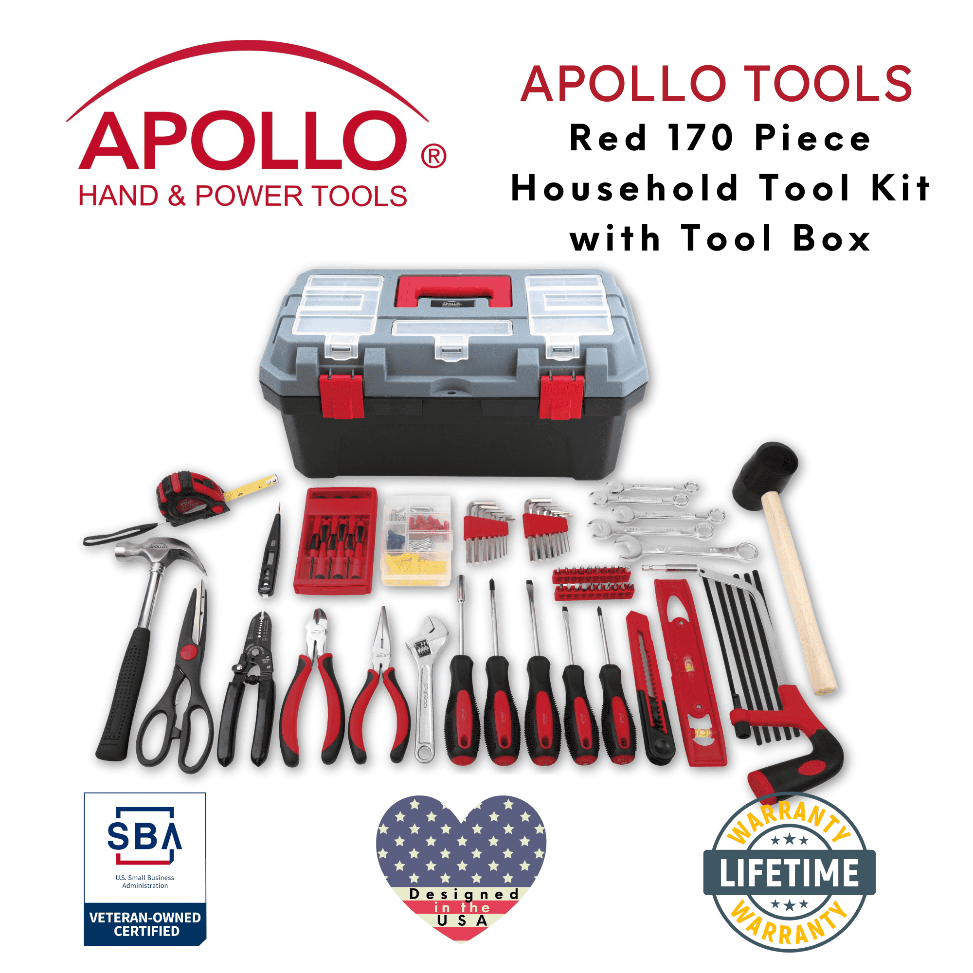 Apollo Tools 170 Piece Household Tool Kit with New and Improved Tool Box RED - DT7103