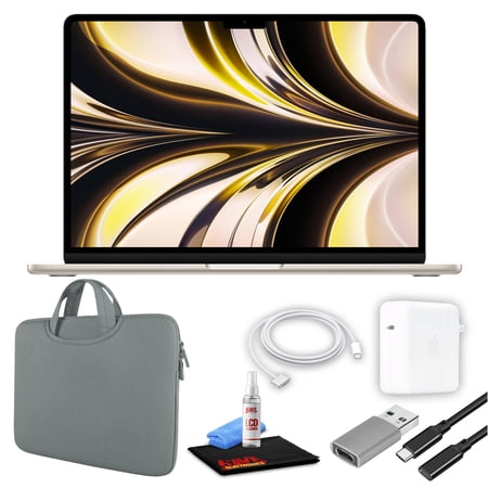 Apple MacBook Air 13" Laptop (M2 Chip, 8-Core CPU, 8GB RAM) (Mid 2022, 256GB SSD, Starlight) (MLY13LL/A) Bundle with Gray Zipper Sleeve, USB-C Extension Cable, and Screen Cleaning Kit