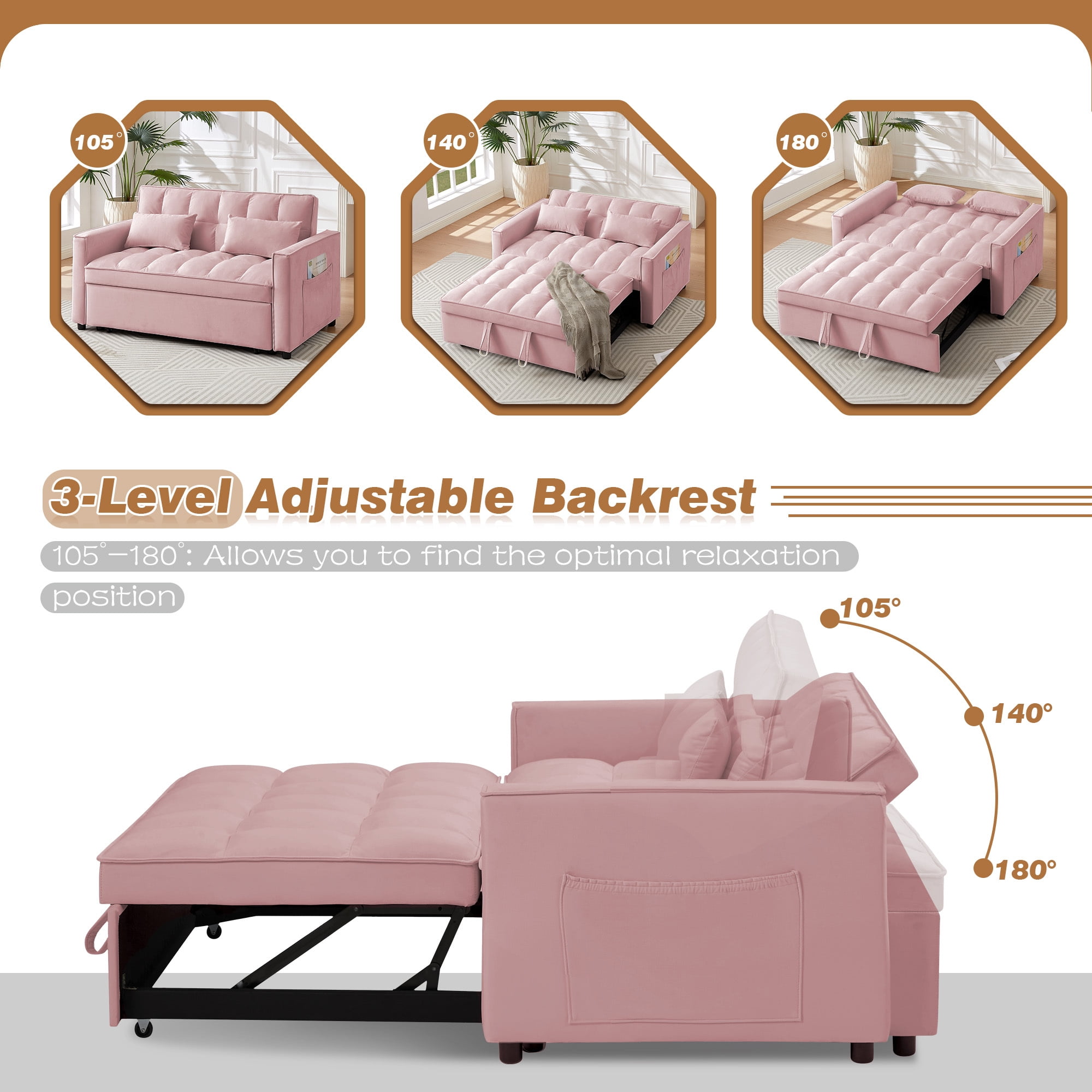Lunale 4-in-1 Convertible Futon Sofa Bed, Pull Out Couch Beds Loveseat Sleeper, Pink Velvet