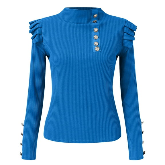 Aayomet Shirts For Women Women's Sleeveless Long Sleeves Turtleneck Top Basic Stretch Fitting Pullover Lightweight Slim Shirt,Blue XXL