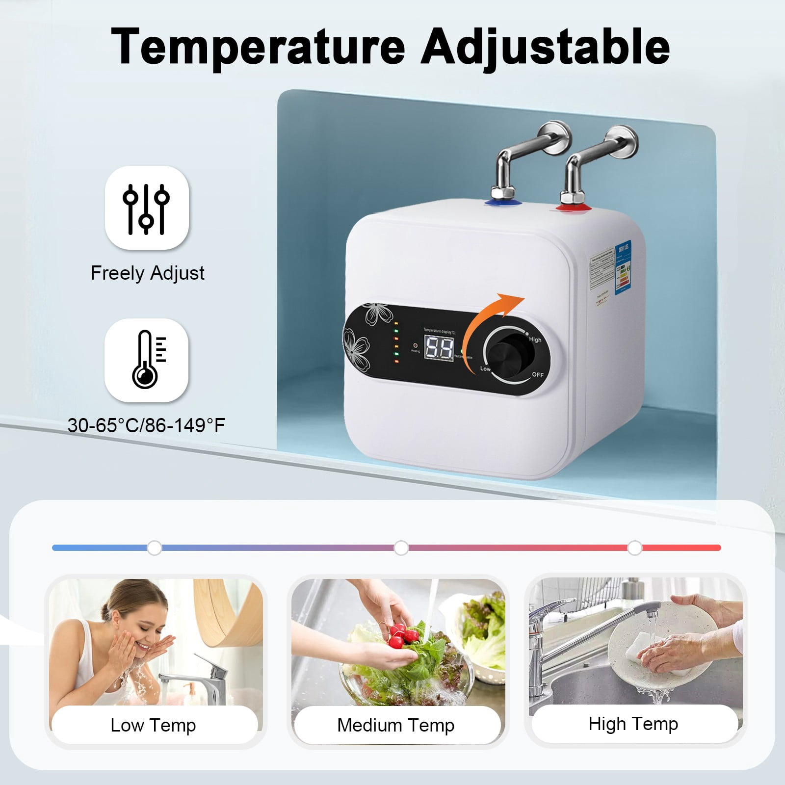 8L 1500W Mini Tank Electric Water Heater, IPX4 Stainless Steel Vertical Hot Water Heater, for Kitchen RV