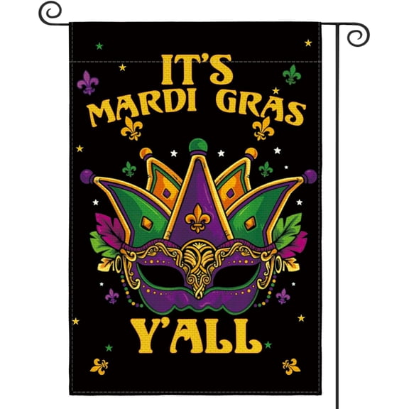 Purple Green Gold Carnival Garden Flag 12x18, Vertical Double Sided It's Mardi Gras Y'all Masquerade Mask Decor