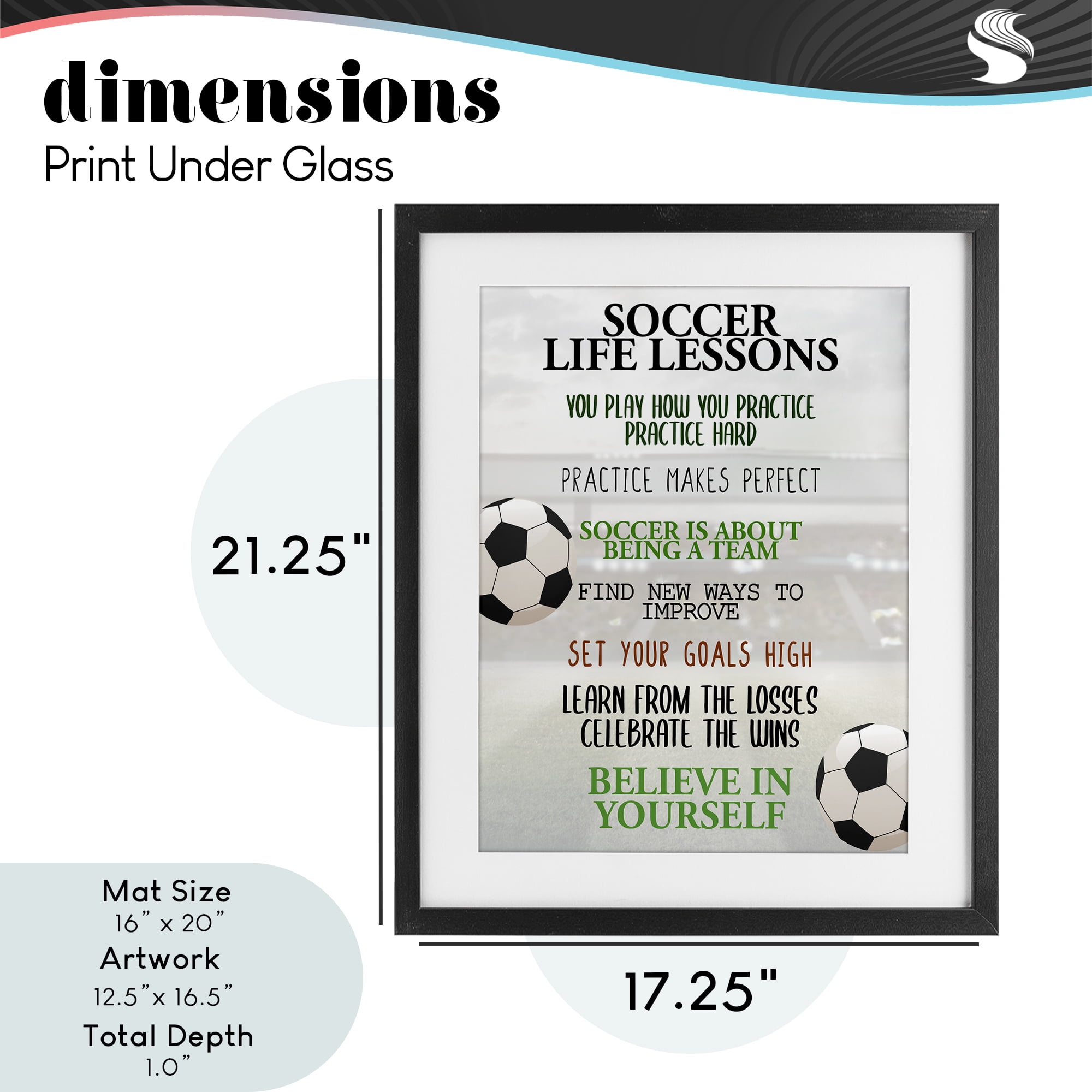 Soccer Life Lessons Black Framed Print Under Glass, design by Kim Allen