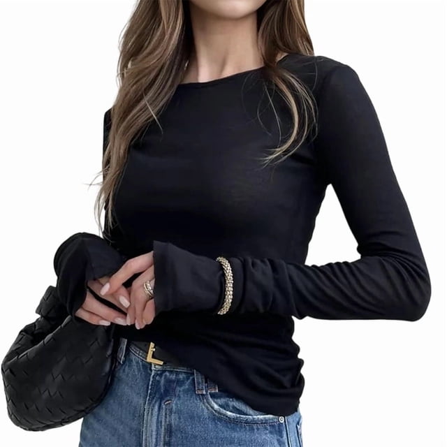 T-shirt à Col Rond pour Femmes à Manches Longues Ajusté, T-Shirts Unis, Automne Y2k, Hauts Courts pour Sorties, Jolis Chandails Moulants