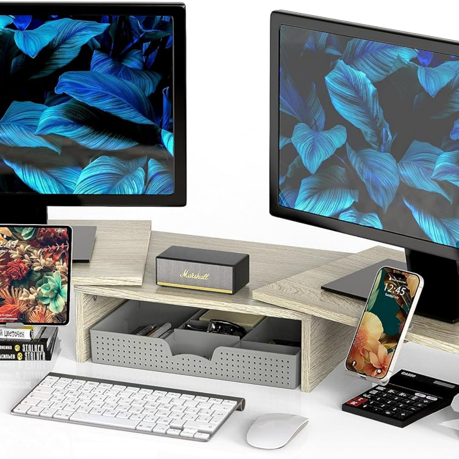 Desk Dual Monitor Stand Riser with Drawer, Maple