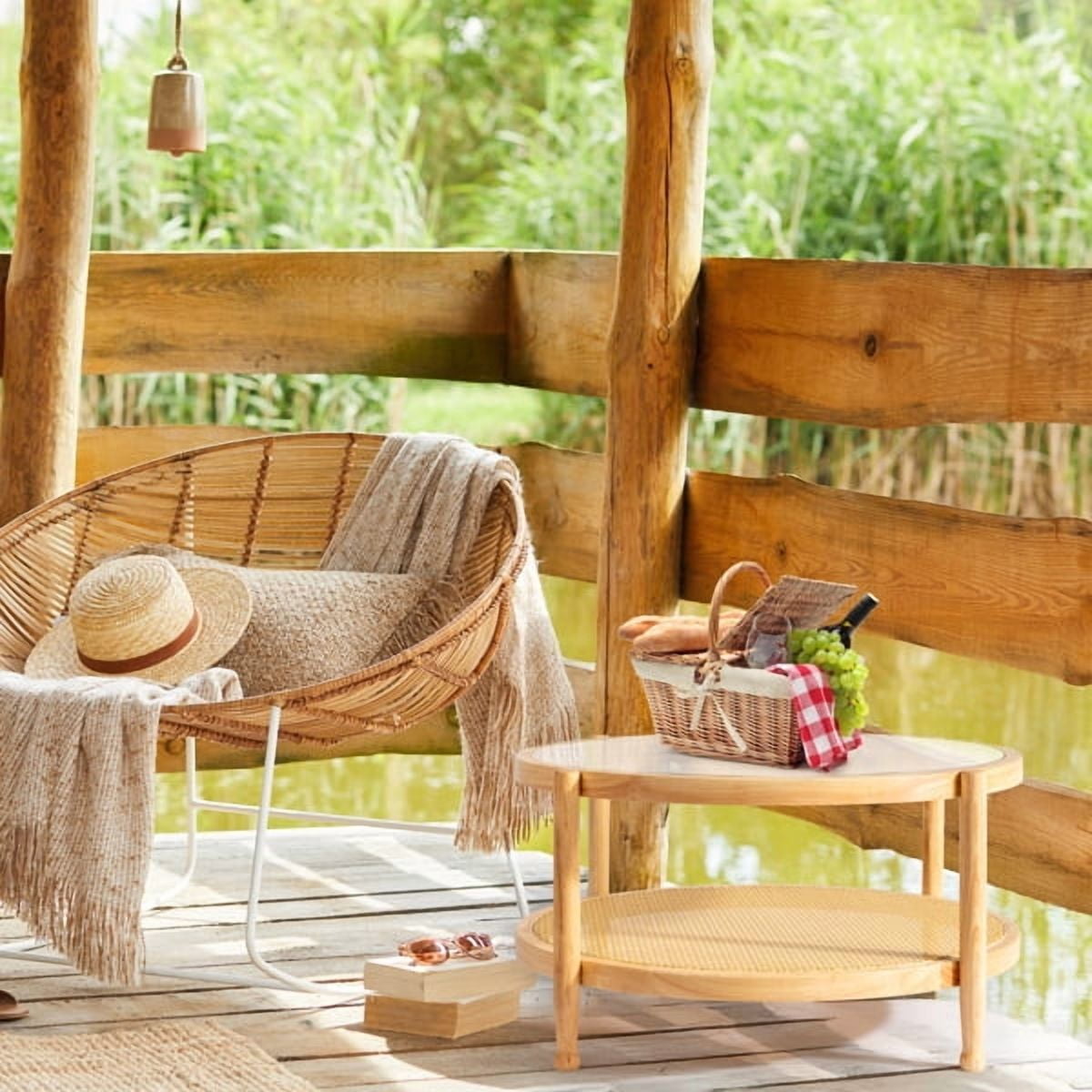 31.5" Round Rattan Coffee Table - Tempered Glass Top , Hand-Woven Rattan Shelf, Rubberwood Frame, Indoor/Outdoor for Living Room, Patio, Bedroom