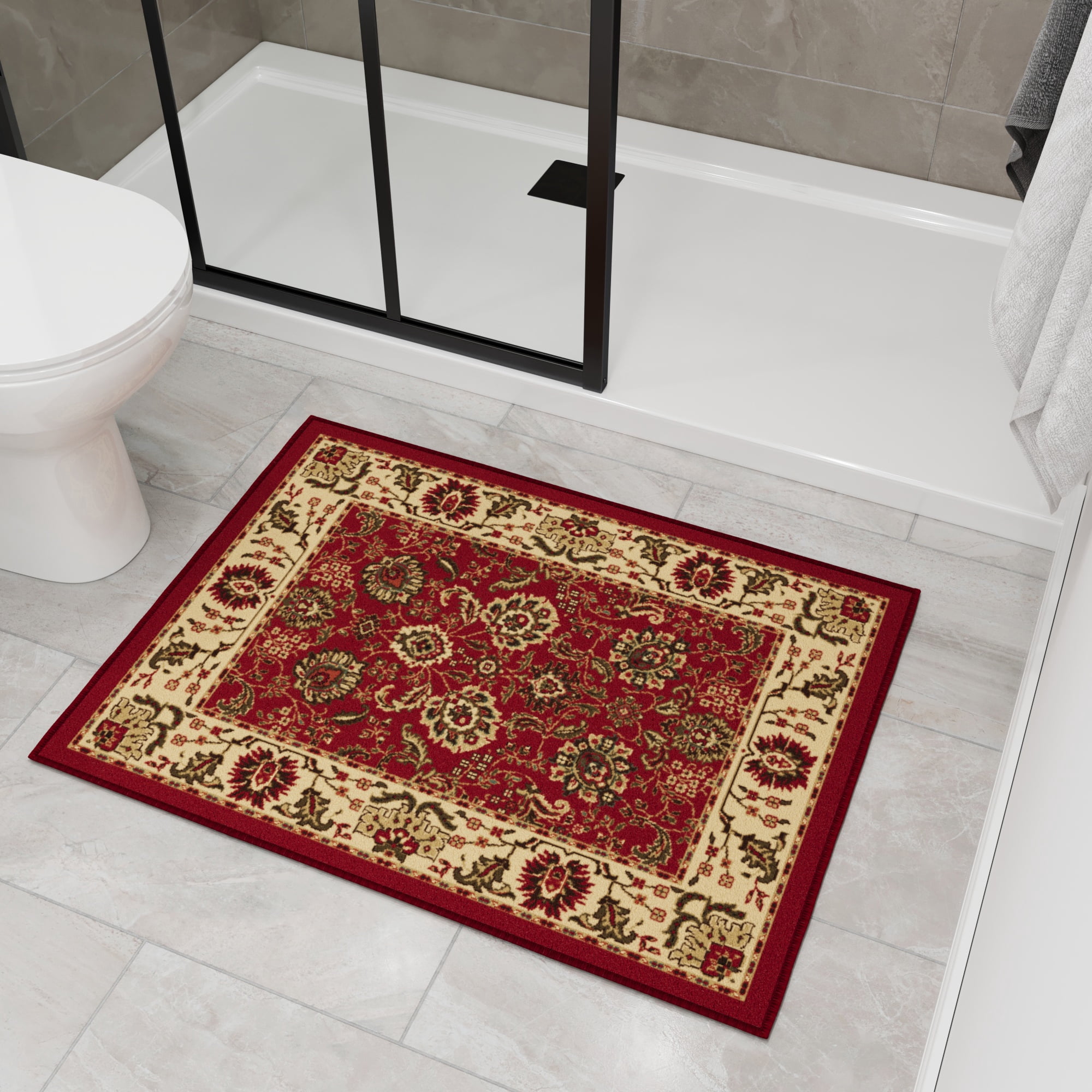 Ottomanson Non-Slip Indoor Entryway Rug 1'10.5" x 3' – Low Pile Stain Resistant Door Mat, Oriental Red
