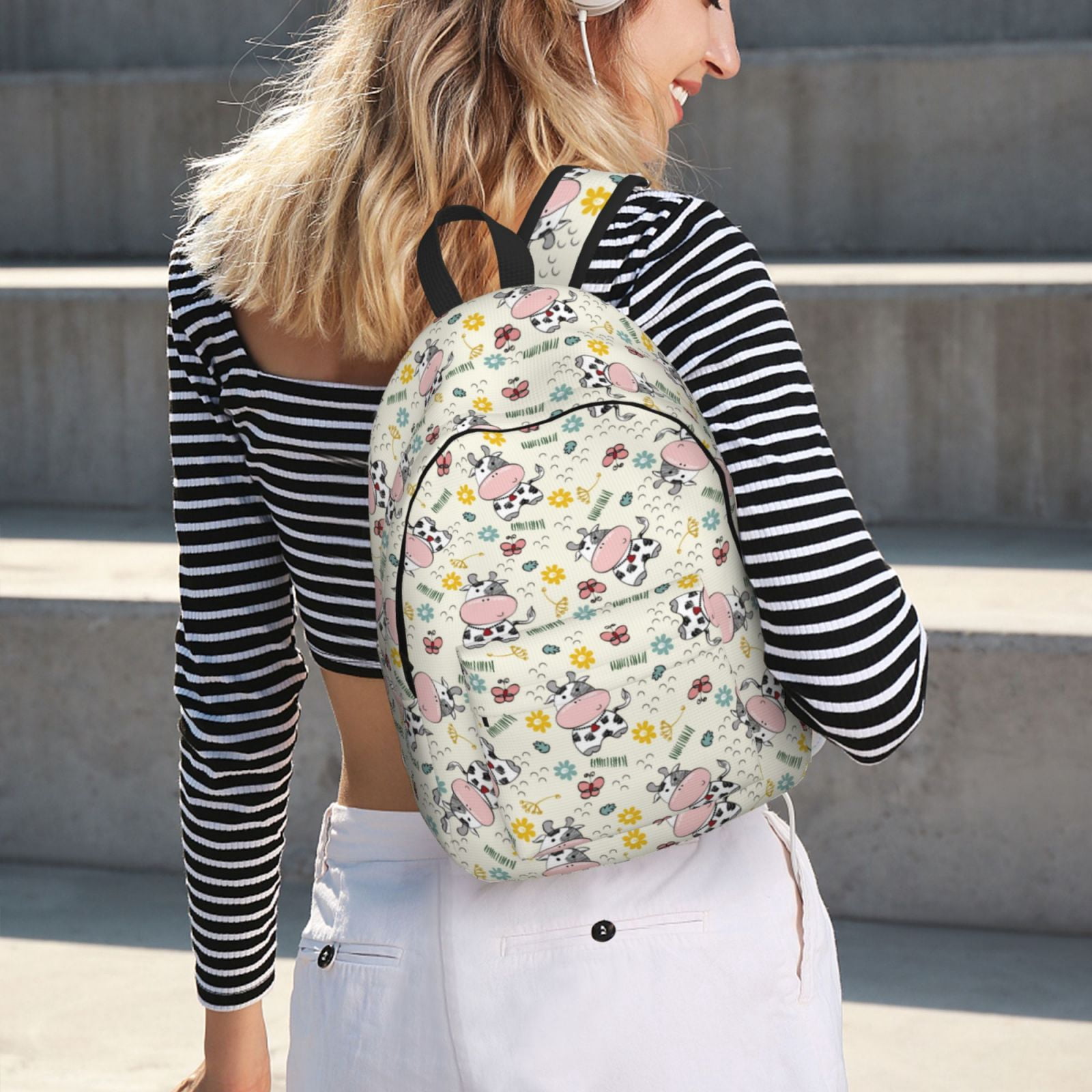 Ratiio Cute Cow Print Canvas Backpack for Women & Men Retro Aesthetic Rucksack Basic Backpack for High School/College Students Travel Laptop Bag