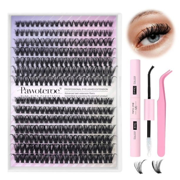 Kit de extensión de pestañas DIY, 280 piezas de pestañas individuales en rizo D, 9-16 mm, mezcla de grupos de pestañas con unión de pestañas y sello y herramienta aplicadora de pestañas para autoaplic