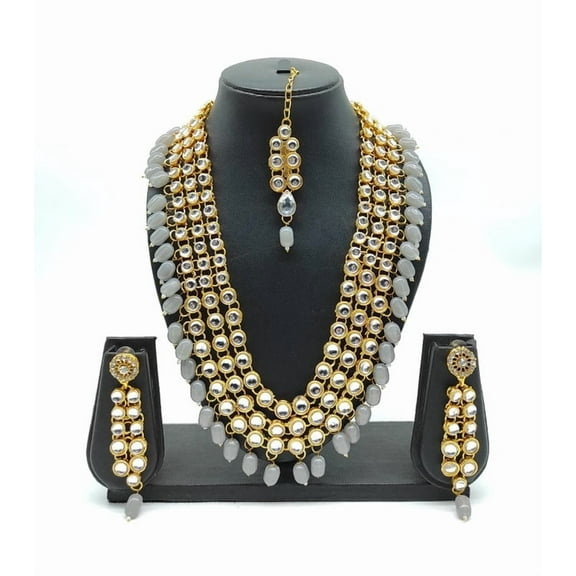 Smoky Gray Kundan Bridal Jewelry Set – Multi-Layered Necklace with Earrings & Maang Tikka