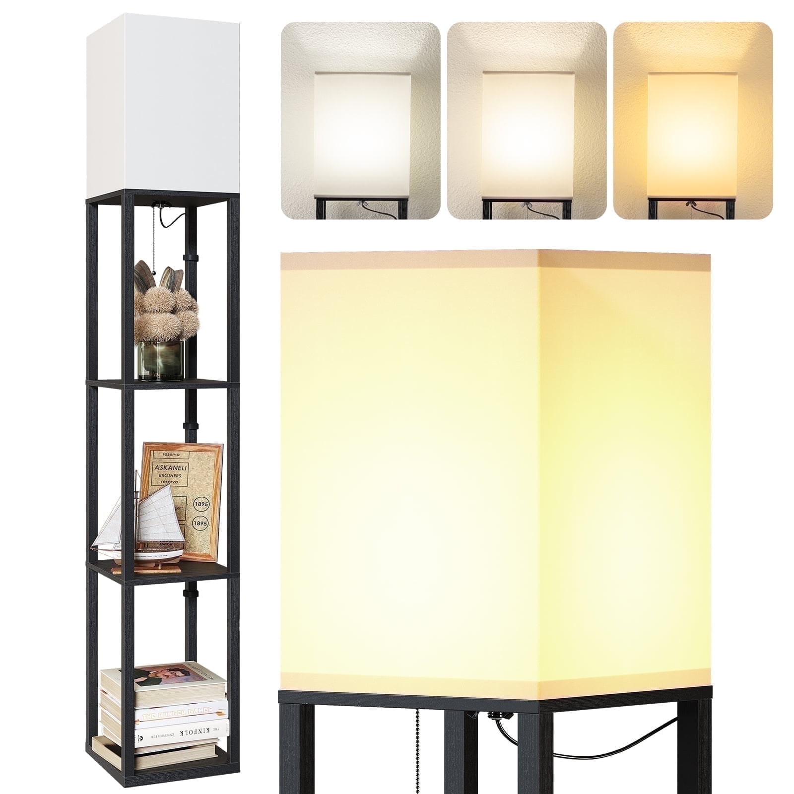 SUNMORY 63'' Floor Lamps with Shelves, Home Standing Lamp, Include 1000 Lumens Lighting Bulbs, Shelf Floor Lamp, Black Floor Lamps for Living Room, Bedroom, Lamp with Storage Dustproof, UL Certified