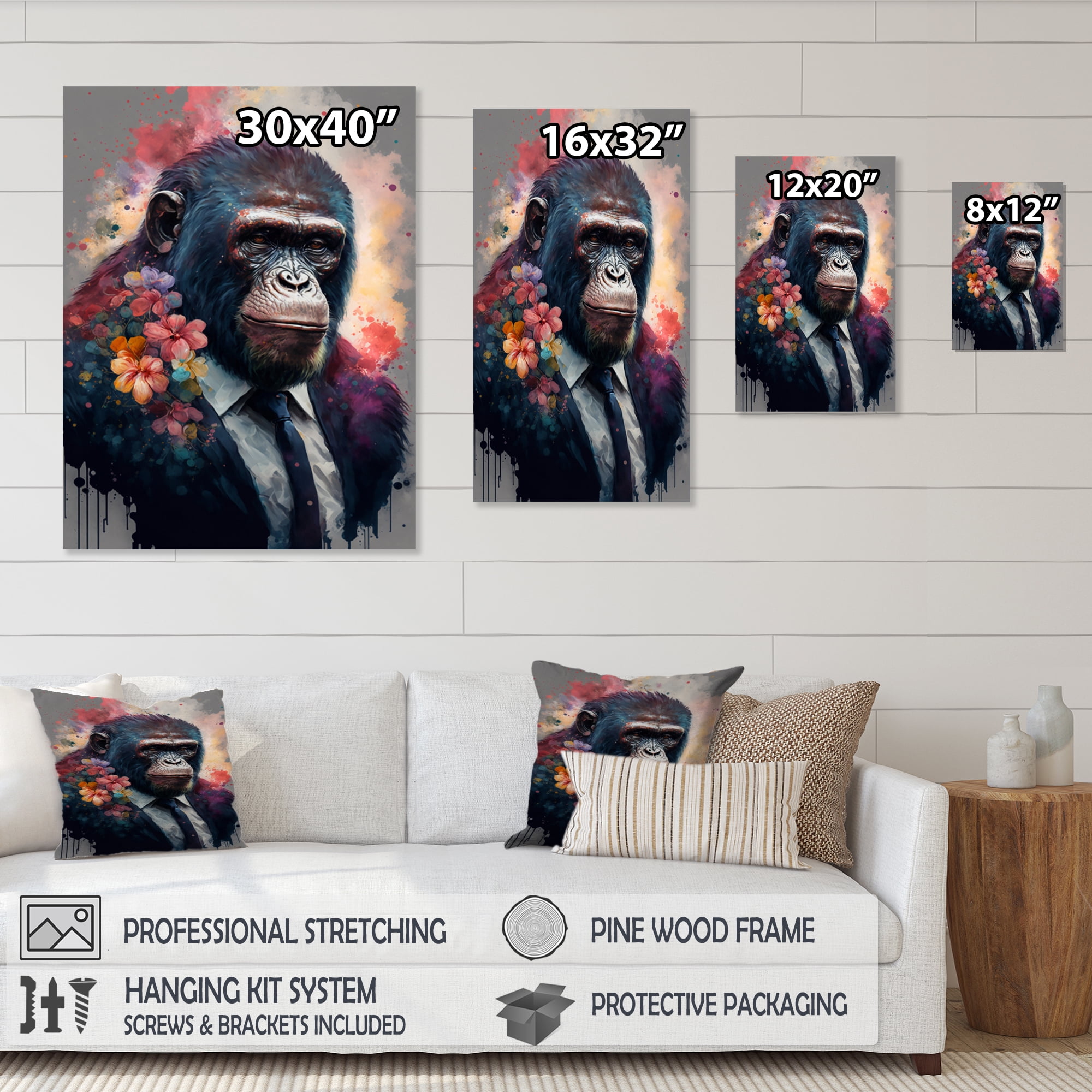 Designart Cute Ape Floral Art Canvas Wall Art