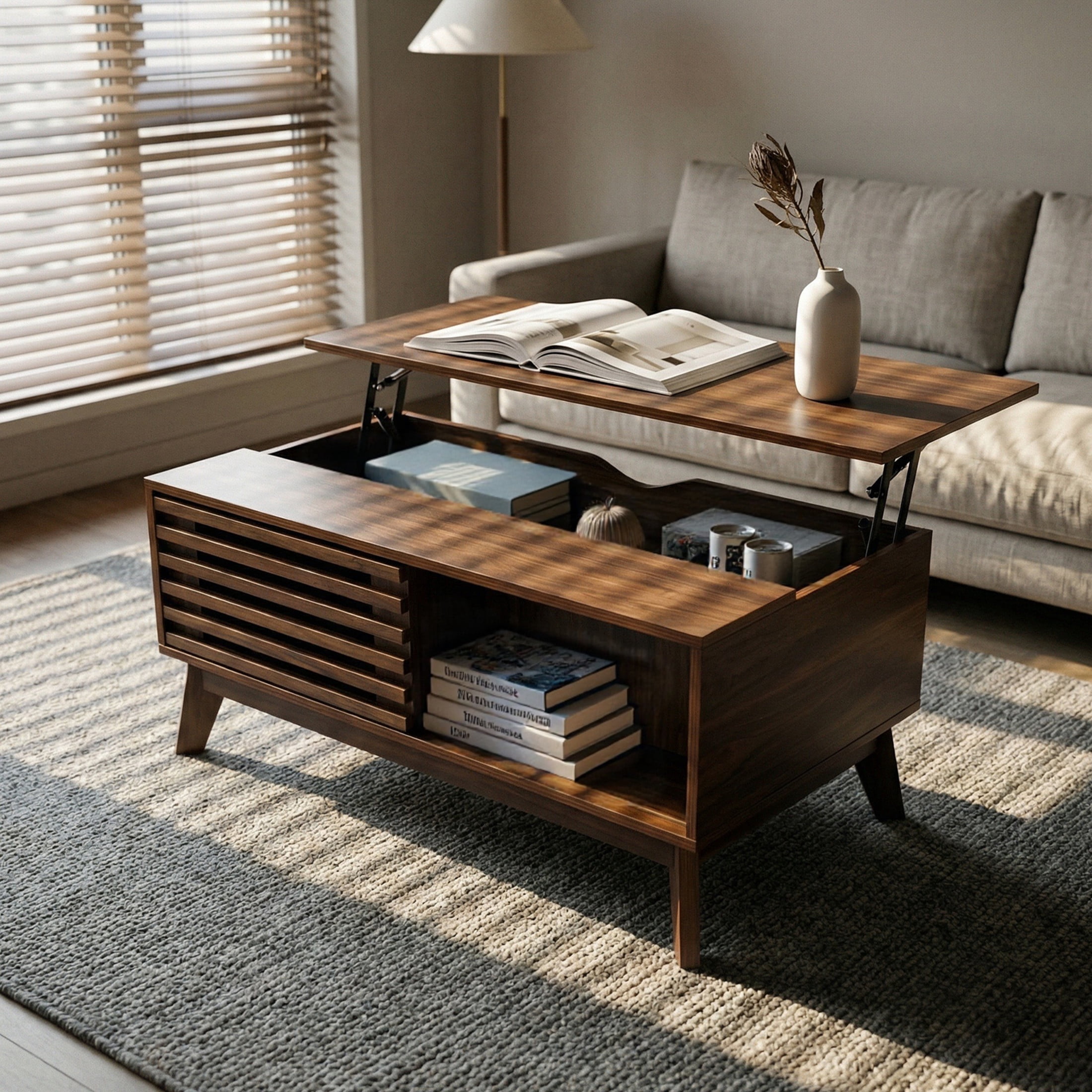 Noble House 35" Lift Top Coffee Table with Hidden Storage, Mid-Century Table with Slatted Sliding Door, Walnut