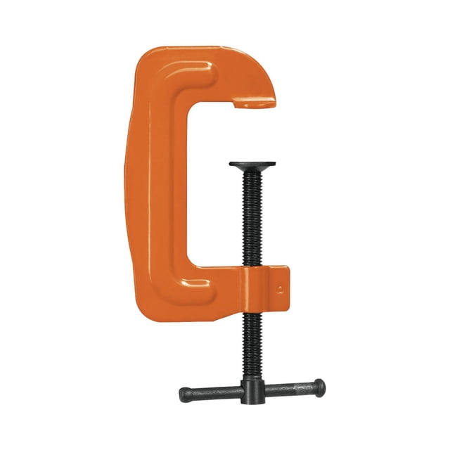 prensa troquelada 2' truper prensa tipo C anaranjada, vista frontal con apertura máxima 2" (50.8 mm) y profundidad 1" (25.4 mm); cuerpo con yunque largo de acero, husillo roscado de acero con manija deslizante tipo T y mordaza giratoria; adecuada para sujetar piezas pequeñas en trabajos de taller.