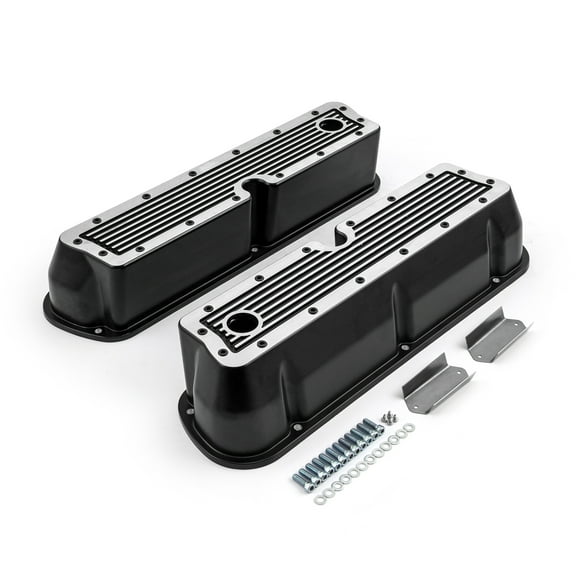 Speedmaster PCE314.1083.17 Compatible with Ford SB 289 302 351 Windsor Black Ribbed Aluminum Valve Covers - Tall w/Hole