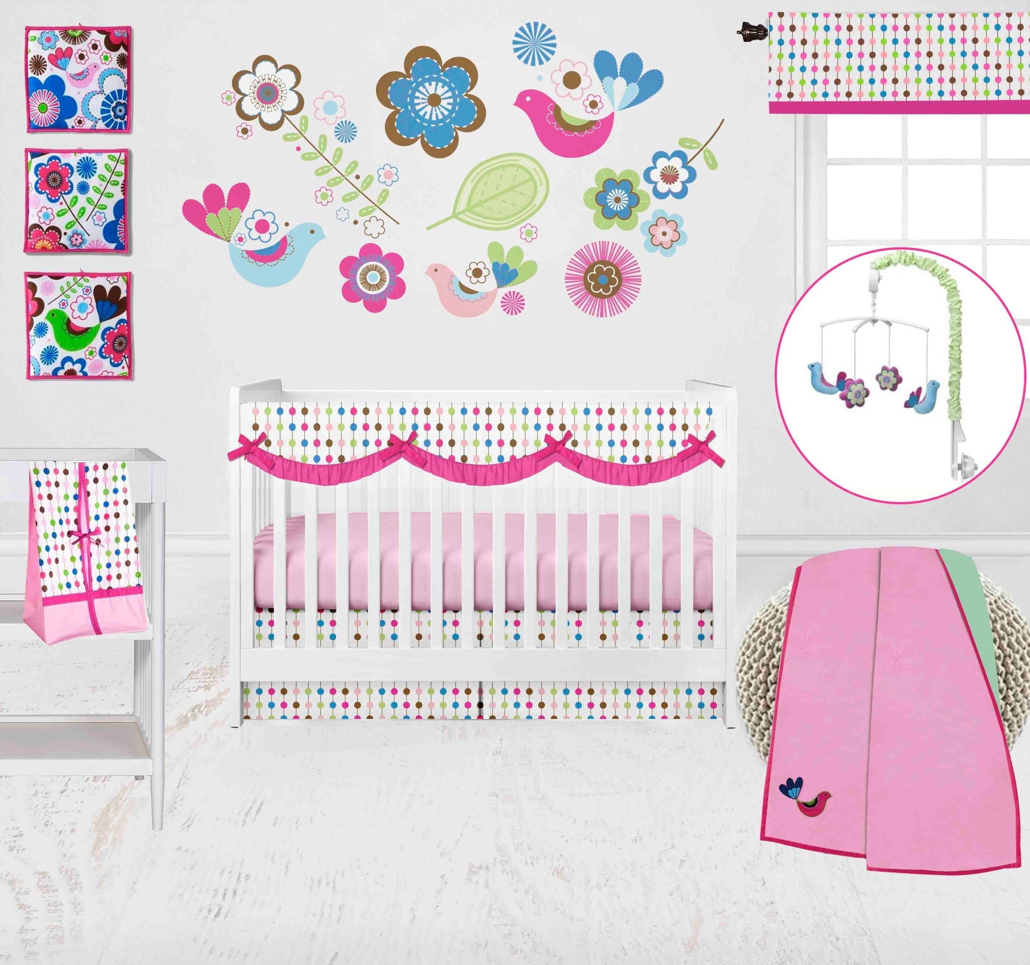 Botanical Floral Birds Pink/Multi Girls Crib Bedding Set