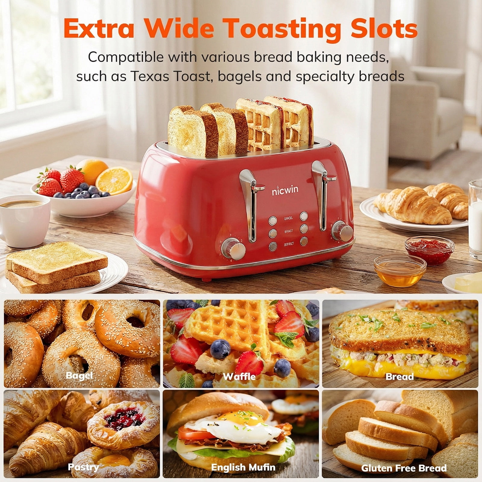 NICWIN 4 Slice Toaster, Extra Wide Slots Bread Toaster, Toast Shade Selector, Defrost & Reheat Functions for Kitchen Apartment Essentials, Red