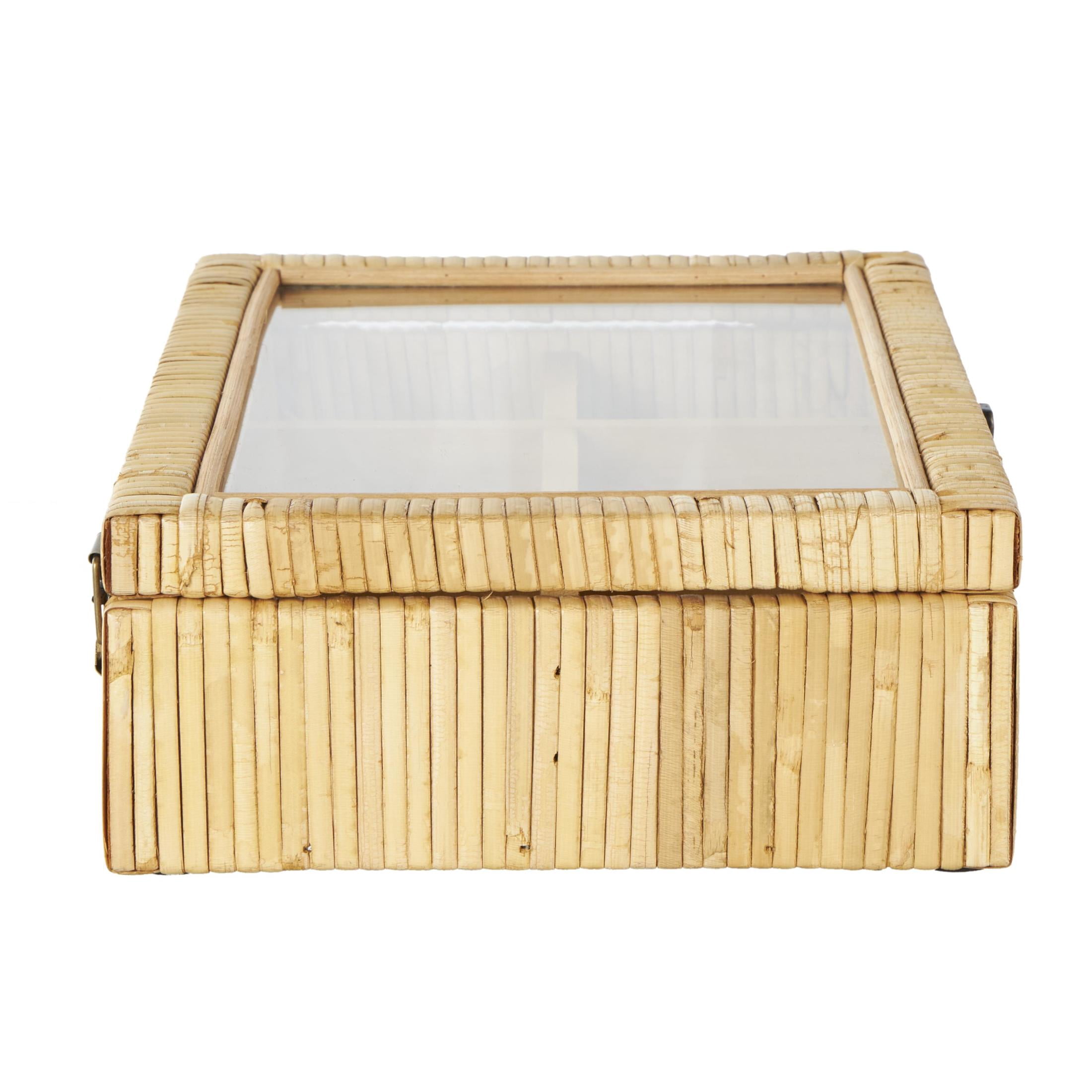 DecMode Handmade Wrapped 6 Slot Brown Rattan Decorative Jewelry Box with Tempered Glass Top