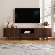86.6" Fluted TV Stand with Power Outlet for TVs up to 90", TV Console with Adjustable Shelves and Sliding Door,Mid Century Modern Entertainment Center for Living Room,Bedroom (Walnut)