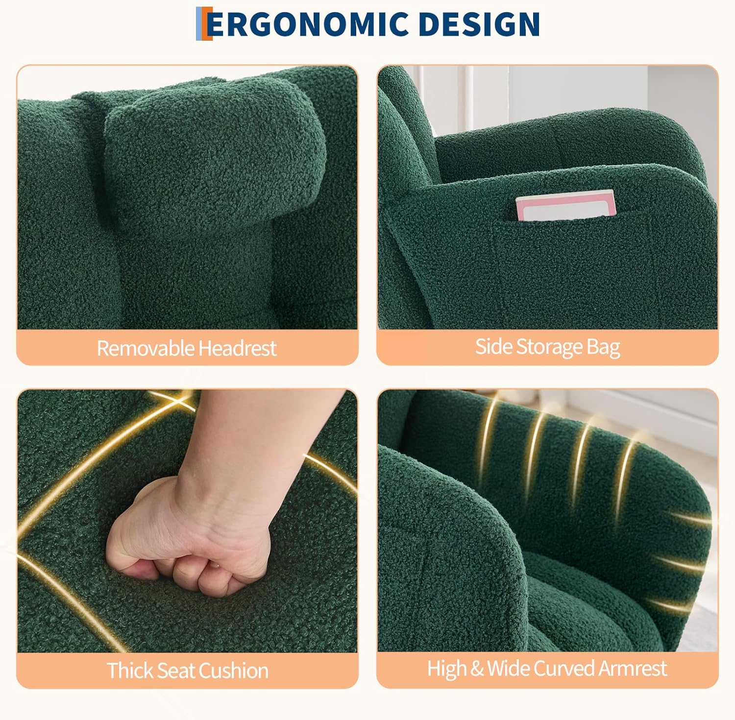 Rocking Chair Nursery Teddy Upholstered Baby Fluffy Glider Rocker for Adults Small Spaces Indoor Nursing Chair for Living Room Bedroom Classroom Beige Comfortable Durable Stylish-DarkGreen