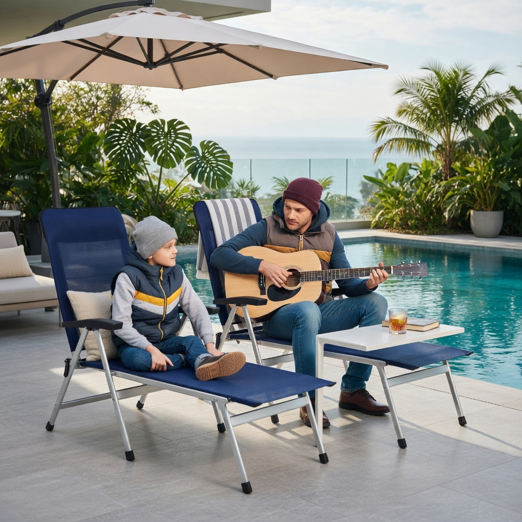Hommoo 2-Pack Foldable Outdoor Dining Chairs with 7-Position Adjustable Backrest, Aluminum & Iron Patio Seating, Space-Saving Design, Navy Blue