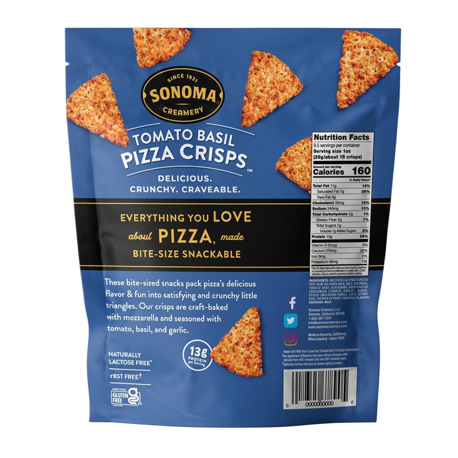 Sonoma Creamery Pizza Crisps, Tomato Basil, | Savory Snack Cracker | High Protein | Low Carb | Gluten Free | Wheat Free |Keto Friendly, 9.5 oz (Pack of 3)