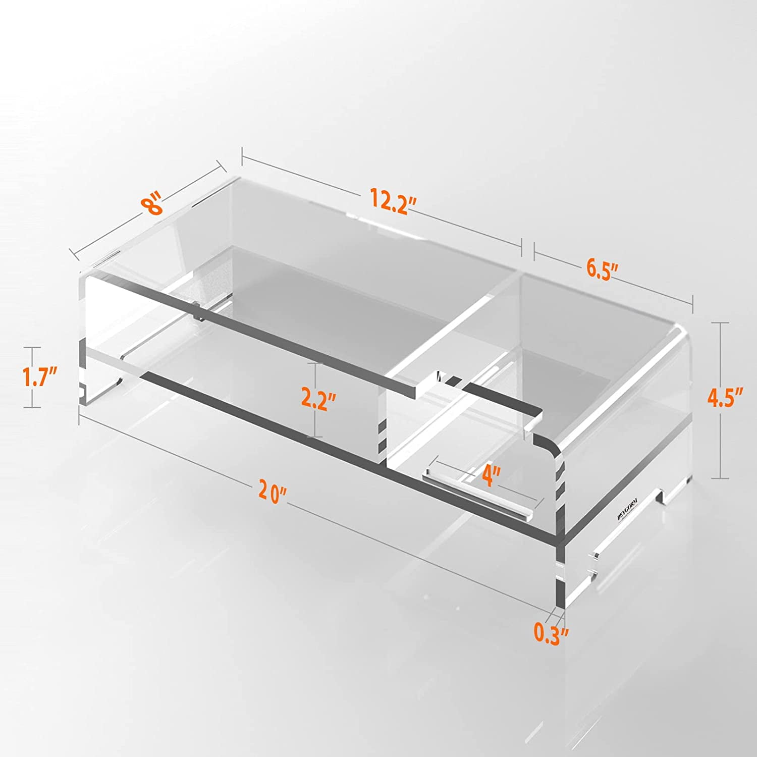Acrylic Monitor Stand for Full Keyboard, 20" Wide 2-Tier Riser with Storage Shelf and Phone Holder, Desktop Organizer for Laptop, Printer, Screen (Clear)