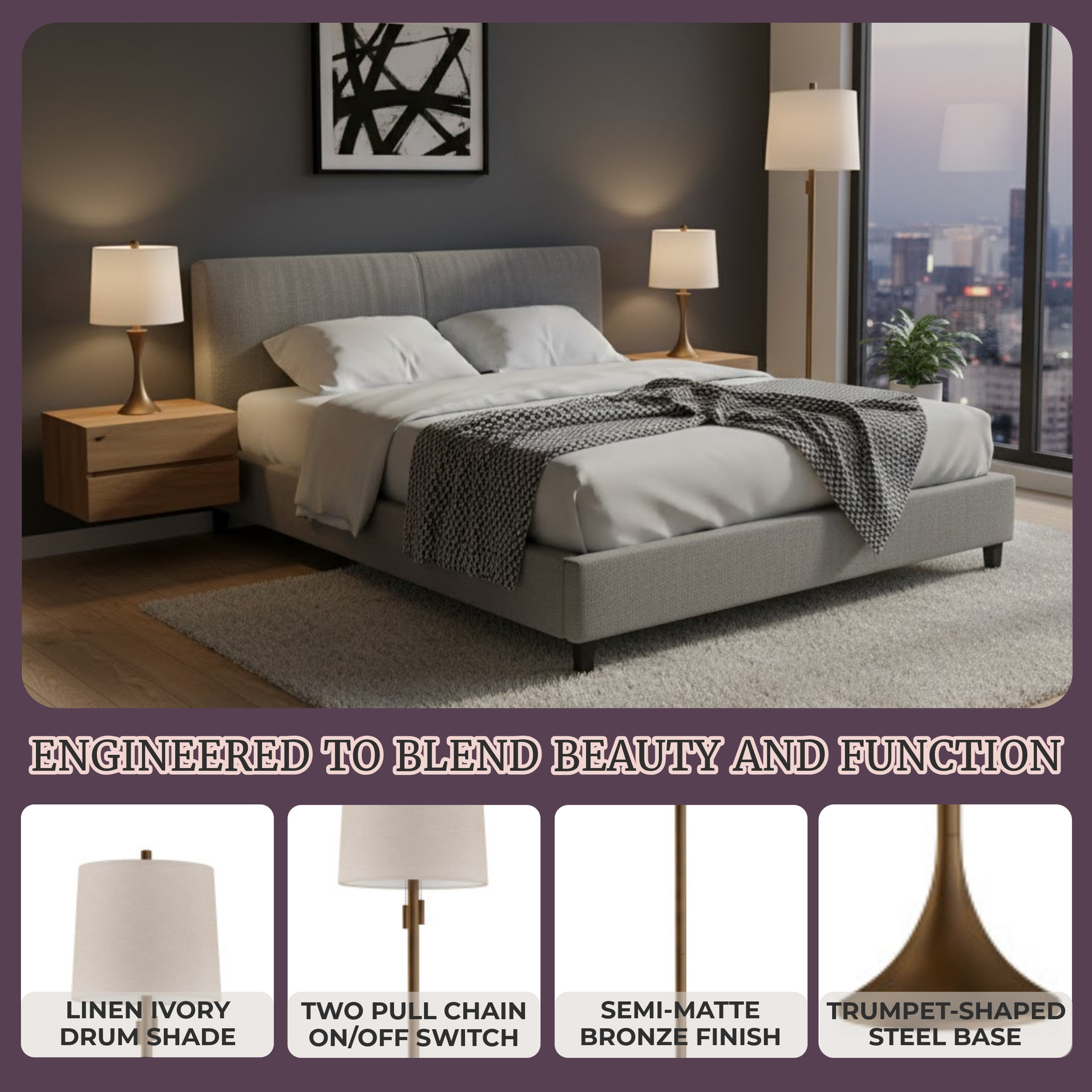 Lavish Home Table and Floor Lamps Set of 3 Modern Metal Lights with Flare Base and LED Bulbs, Bronze