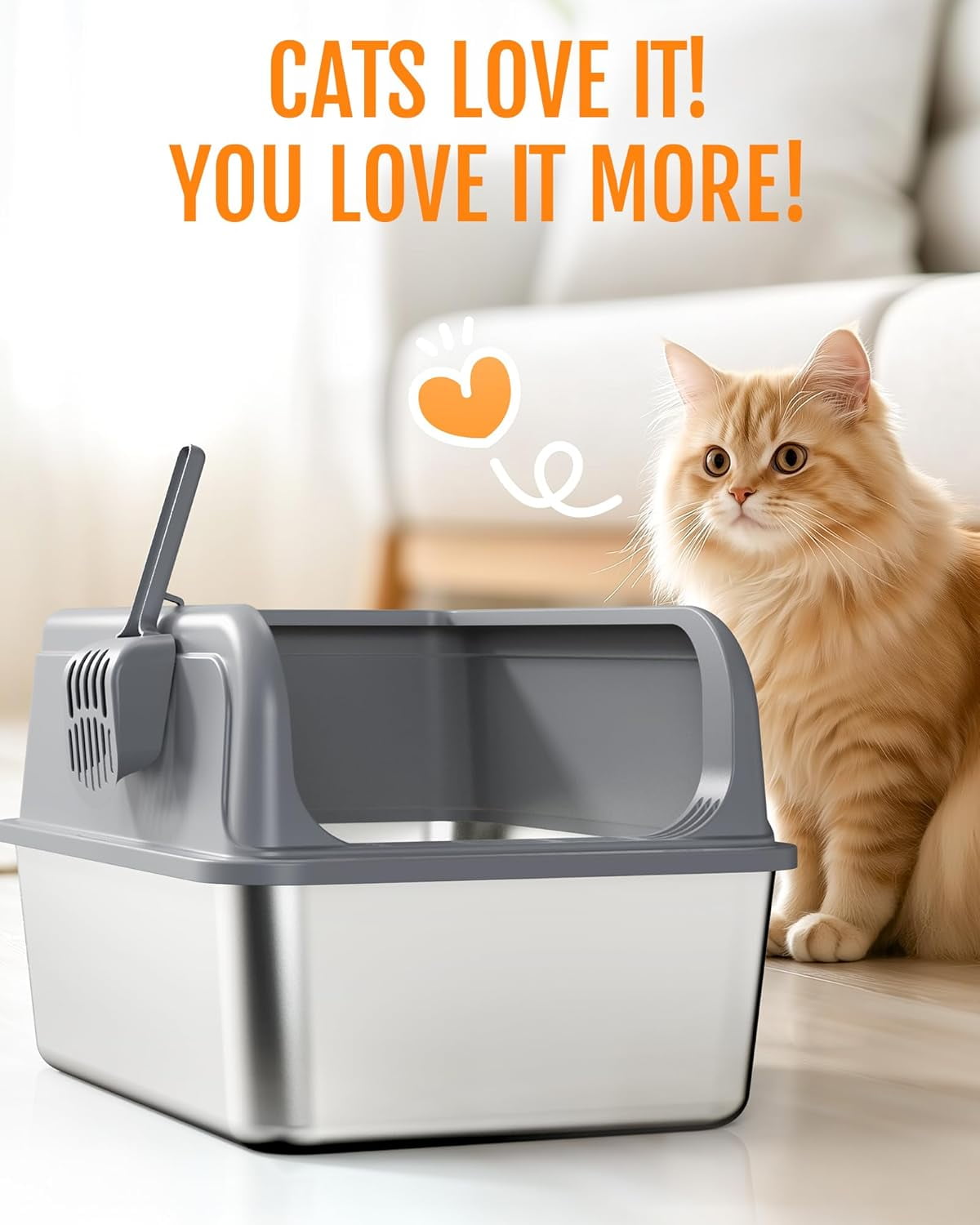 Stainless Steel Cat Litter Box with Scoop, High Sided Anti-Leakage Top Entry, Non-Sticky Easy to Clean Grey Metal Pet Pan