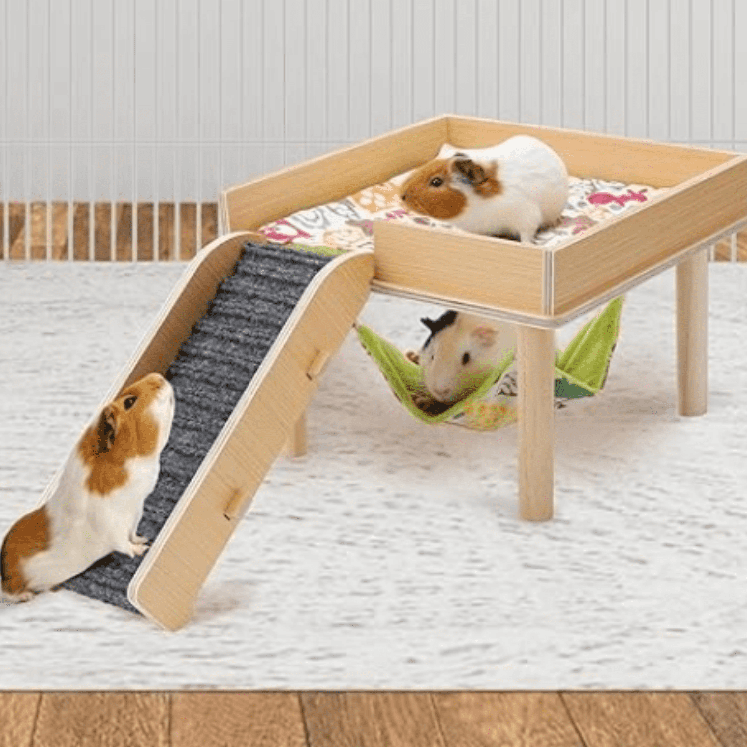 Guinea Pigs Hammock with Platform, Safe Wooden Guinea Pig Hideout with Stairs, Durable Small Pet Bed for Piggies Chinchilla Rat Hamster Bunny (Single Hammock)