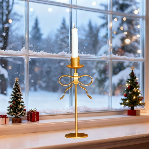 YardVibe Vintage Gold Bow Taper Candle Holders - Cast Iron Candlestick Stands with Antique Finish for Table Centerpiece, Wedding Decor, and Home Ambiance