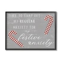 Stupell Industries Festive Anxiety Time Chistmas Saying Plaid Candy Canes Inspirational Painting Black Framed Art Print Wall Art, 11 x 14