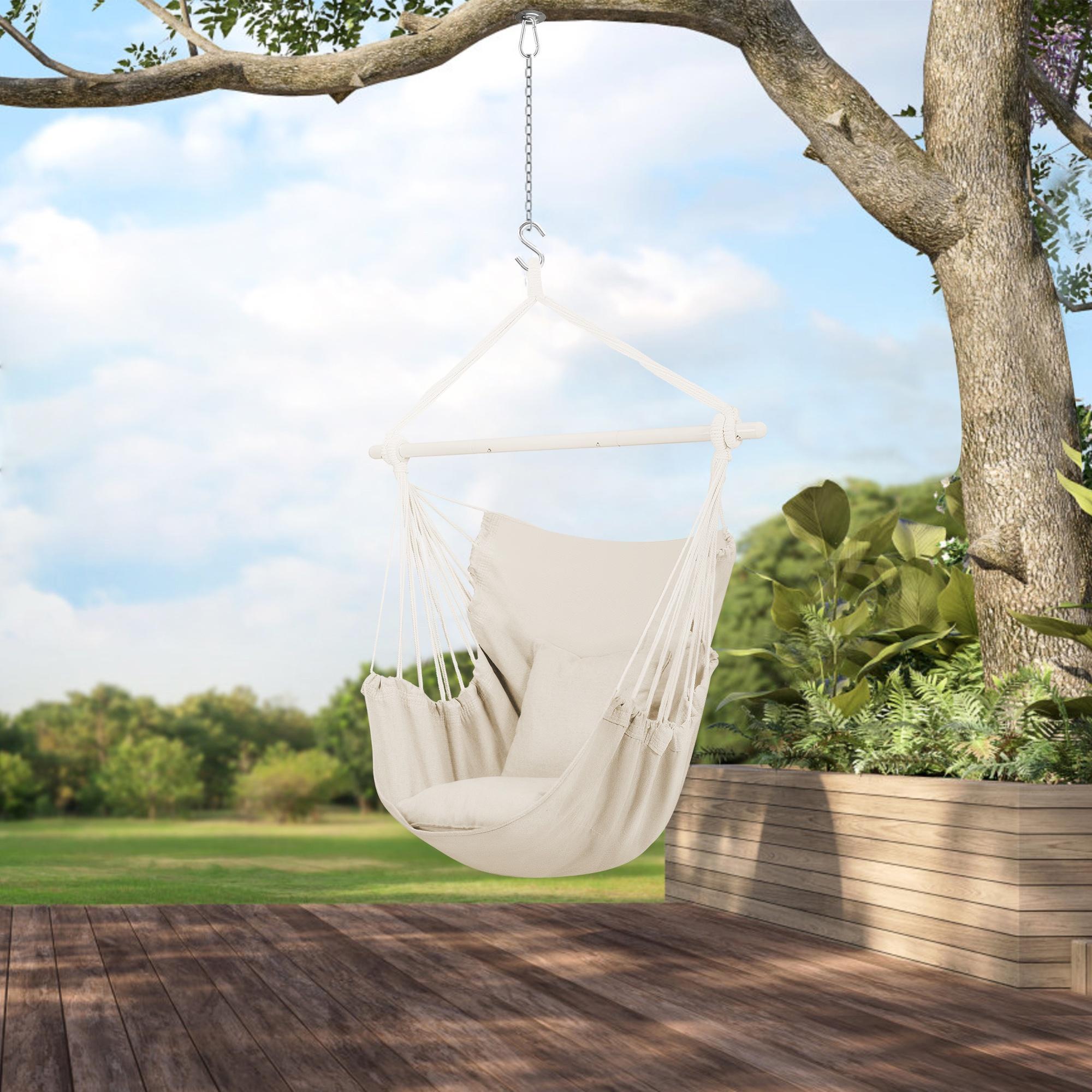 Large Hammock Chair Swing, Relax Hanging Rope Swing Chair with Detachable Metal Support Bar & Two Seat Cushions, Cotton Hammock Chair Swing Seat for Yard Bedroom Patio Porch Indoor Outdoor - image 4 of 10