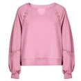 thumbnail image 5 of Women's V-Neck Lace Detail Sweatshirt, Soft Puffed Sleeve Pullover Top with Ribbed Trim, Cropped Casual Loose Fit Tops for Fall Fashion and Daily Comfort Wear Pink S, 5 of 5