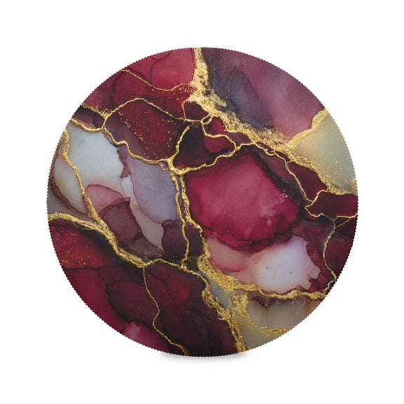 Round Placemats Set of 6 Heat Resistant Washable Kitchen Table Decorations 15.4in Wine-red Marble