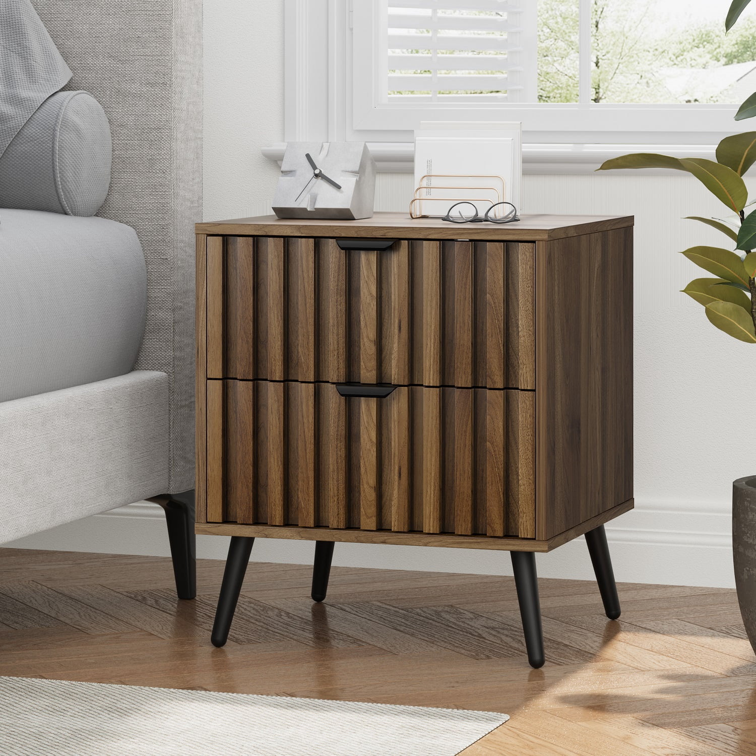Algherohein Night Stands for Bedroom Set of 2,End Tables for Living Room with 2 Fluted Drawer,Walnut