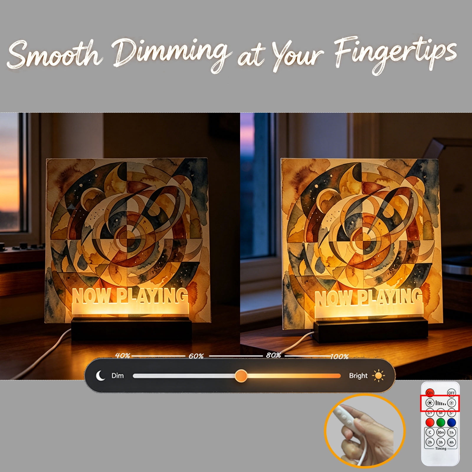 Now Playing Vinyl Stand 7 Color Change Switch Remote Control Dimming Timer USB Charge Retro Wooden Base Acrylic Panel Record Album Collection Display LED Night Light Desk Lamp Decoration