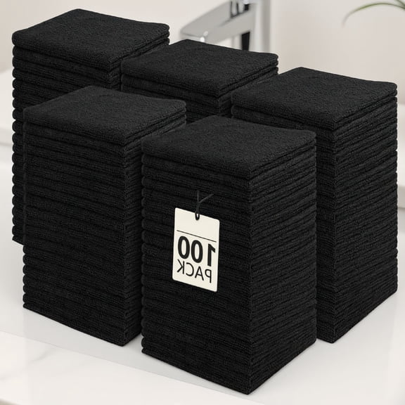100 Pack Microfiber Washcloths 12x12 Inch, Fast Drying Absorbent Face and Hand Towels for Bathroom, Gym, Spa, and Hotel, Black