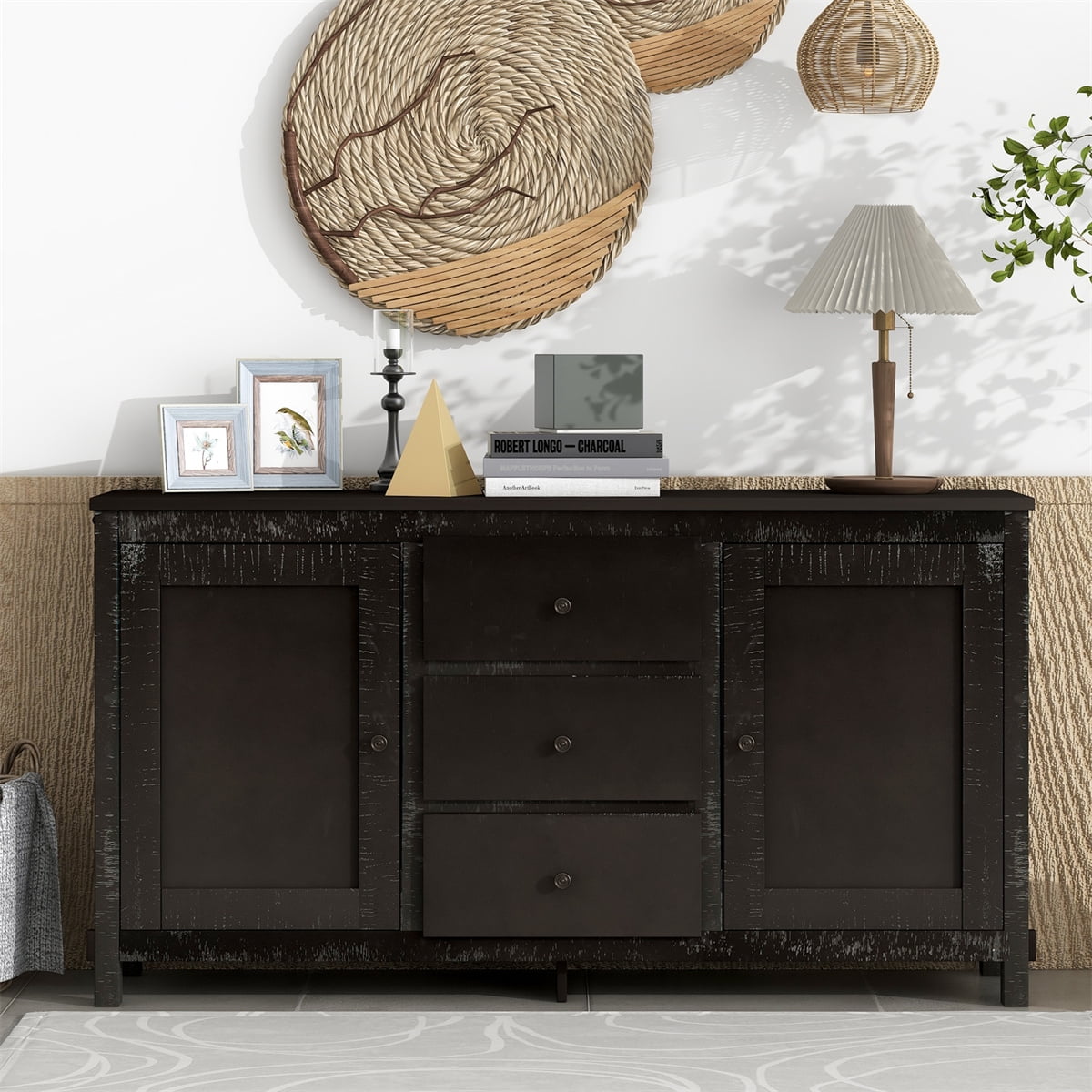 Retro Buffet Sideboard,Wood Sideboard with 2 Drawers and Adjustable Shelves