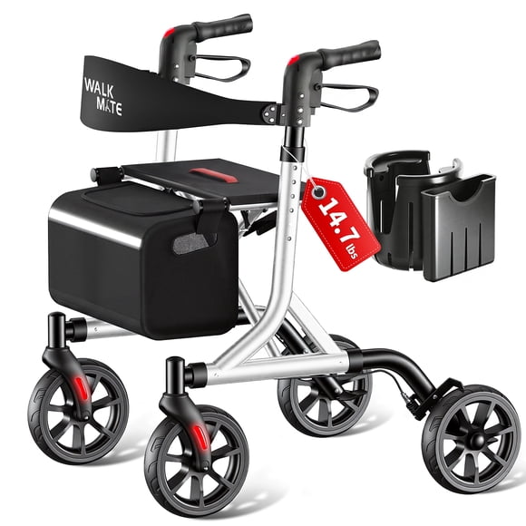 WalkMate Rollator Walker for Seniors with Cup Holder, Upgraded Thumb Press Button for Height Adjustment, 8" Wheels Folding Lightweight Walking Aid with Seat Padded Backrest, Silver