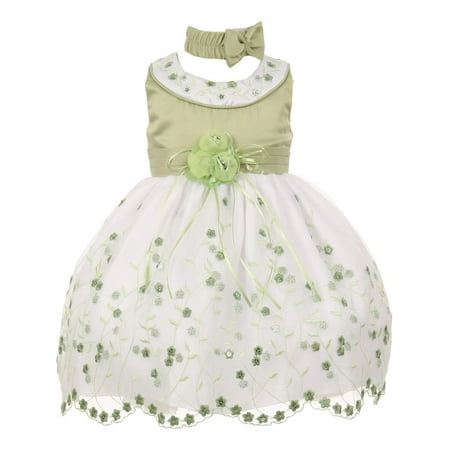 Multi Color Jeweled Flower - Little Girls Sage White Floral Jeweled Flower Girl Bubble Dress 2T