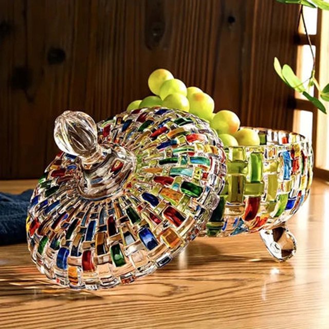 Amzcrzy Home and Kitchen Hand-Painted Colored Glass Candy Jar With Woven Pattern Fruit Contrasting Vase Colored Glass Crystal Candy Jar Crystal Jar Apartment Essentials Dinner Plates