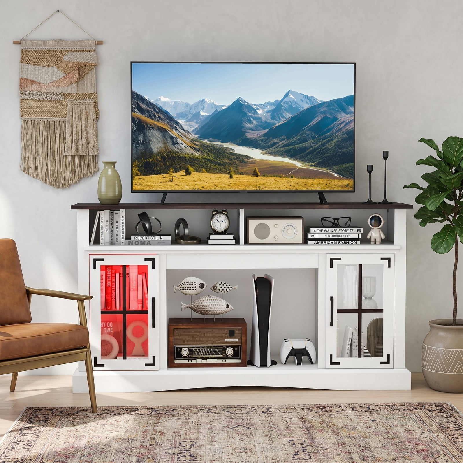 Furnibear LED TV Stand with Remote Control and App, Modern Entertainment Center for TVs up to 50 inches, Media Console with Adjustable Shelf and 2 Open, White