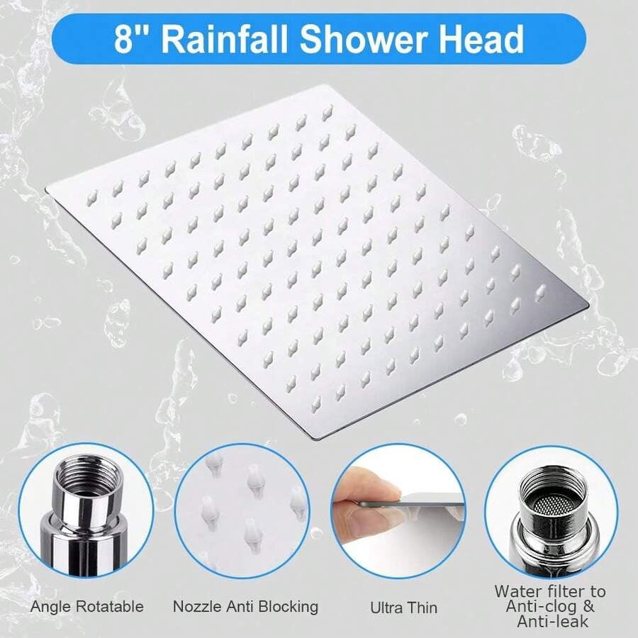 Shower Head Combo,8/10/12" Rain Square Shower Head  With 9 Inch Adjustable Extension Arm And 3 Settings Handheld Spray,150cm Long Hose