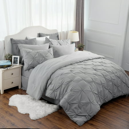 Bedsure 8 Piece Solid Grey Pinch Pleat Comforter Set Down Alternative Bed in A Bag (Comforter, 2 