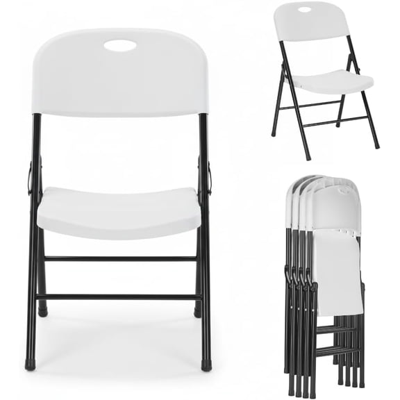 EZONE (4pcs Heavy Duty Plastic Foldable Chair for Adults, Portable Outdoor Seating for Wedding, Event, Party, Backyard, Patio, or Dining Use, Comfortable Stackable Design (White, 4 Pack)